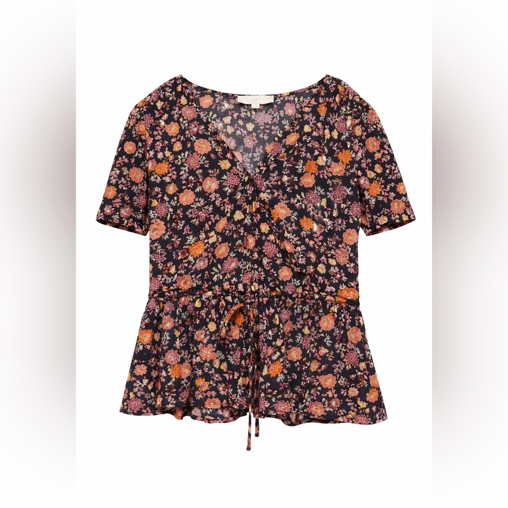 LOFT NWT Floral Surplice Blouse Tie Waist Peplum Black Boho Medium Spring